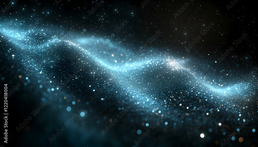 Fototapeta premium Abstract blue energy wave, cosmic dust, dark background, for science fiction design