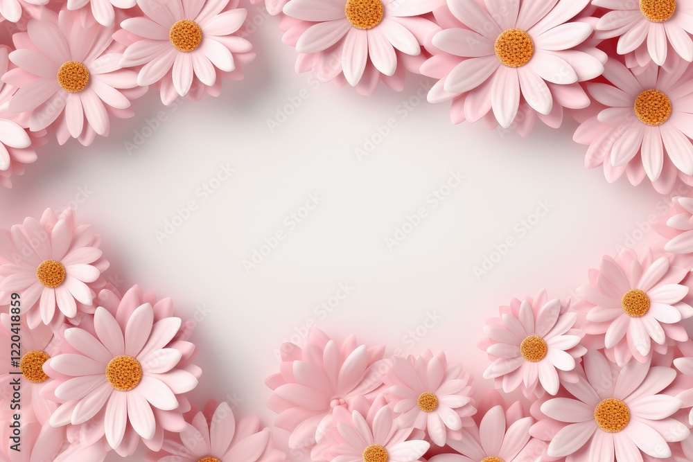 Fototapeta premium Pink flowers are creating a delicate frame on a pink background, offering space for text or design