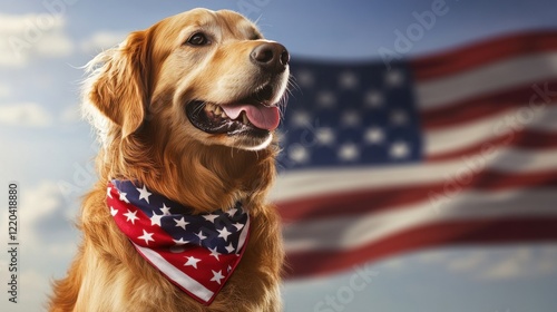 A golden retriever wearing an American flag bandana, sitting proudly in front of a waving American flag under a bright, sunny sky, symbolizing loyalty and patriotism photo