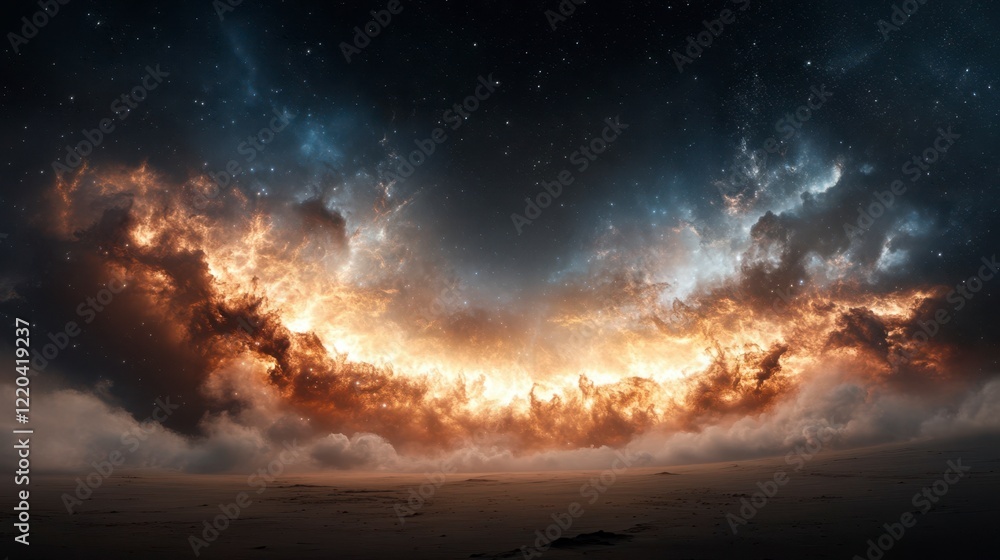 Naklejka premium Celestial wonders illuminate the night sky over a serene landscape creating an enchanting cosmic spectacle. Generative AI