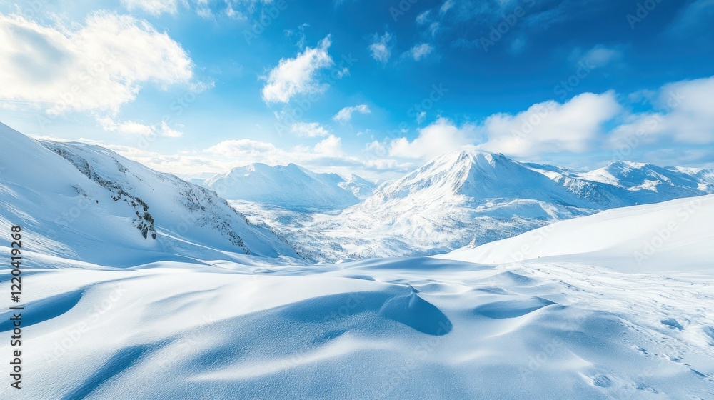 Obraz premium Majestic Winter Mountain Landscape: A Breathtaking Panorama of Snowy Peaks Under a Vivid Blue Sky