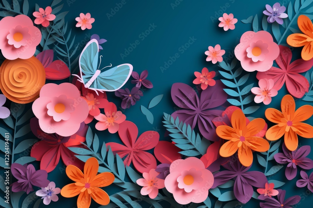 Vibrant paper flowers and butterfly create a cheerful spring atmosphere in this paper art illustration Vibrant paper flowers and butterfly create a cheerful spring atmosphere in this paper art illustration