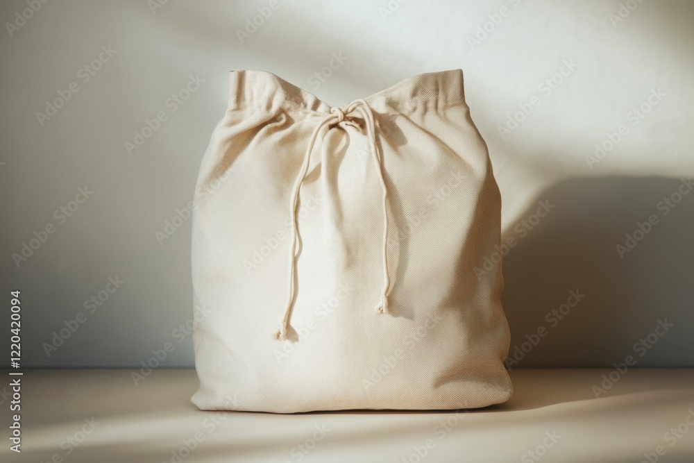 Simple Beige Fabric Drawstring Bag on Neutral Background Simple Beige Fabric Drawstring Bag on Neutral Background