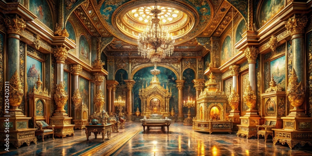 Obraz premium opulent gold chamber filled with glittering jewels and ancient relics amidst ornate tapestries, long corridors, jewels and gems