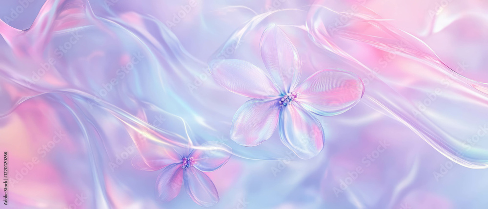 Soft holographic abstract shapes with modern floral elements in pastel colors Soft holographic abstract shapes with modern floral elements in pastel colors