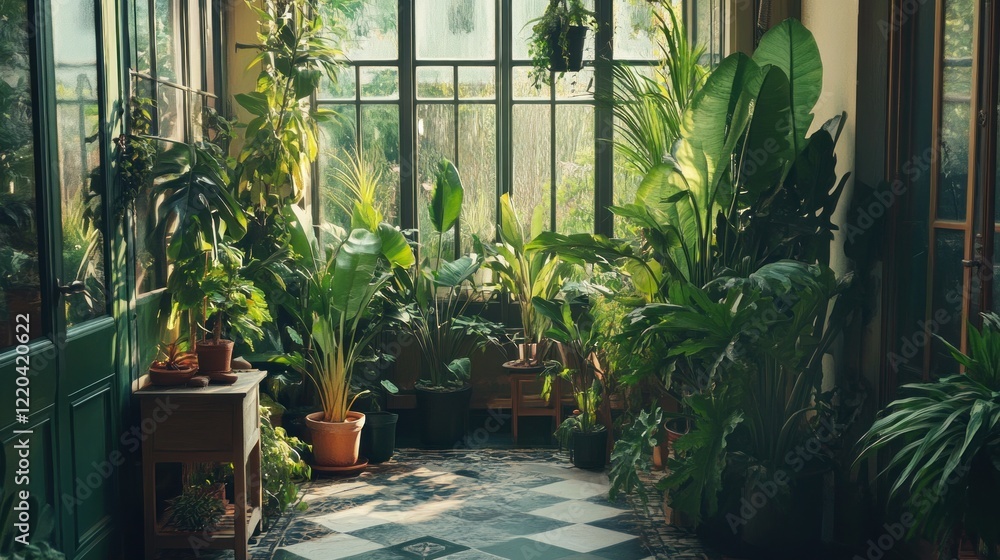 Sunlit Greenhouse Oasis: A Sanctuary of Lush Tropical Plants Sunlit Greenhouse Oasis: A Sanctuary of Lush Tropical Plants