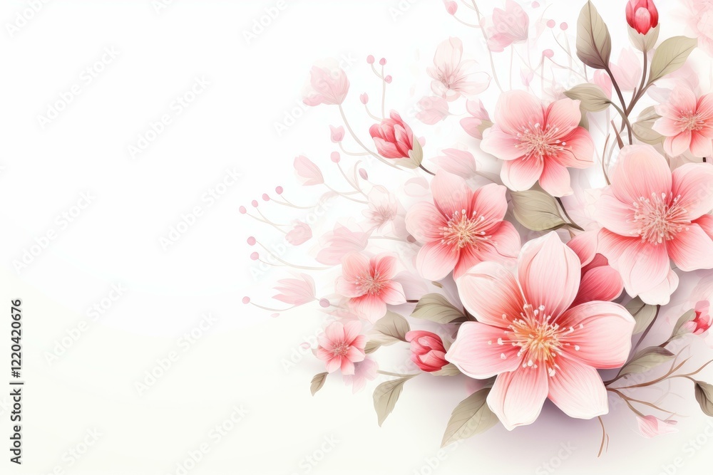 Delicate pink flowers and buds create a beautiful floral arrangement on a clean white background Delicate pink flowers and buds create a beautiful floral arrangement on a clean white background