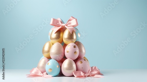 Wallpaper Mural Colorful Easter eggs arranged in a decorative tower with pink ribbons on a light blue background Torontodigital.ca