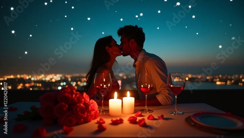 Romantic Couple Kissing at Night Under Soft City Lights photo