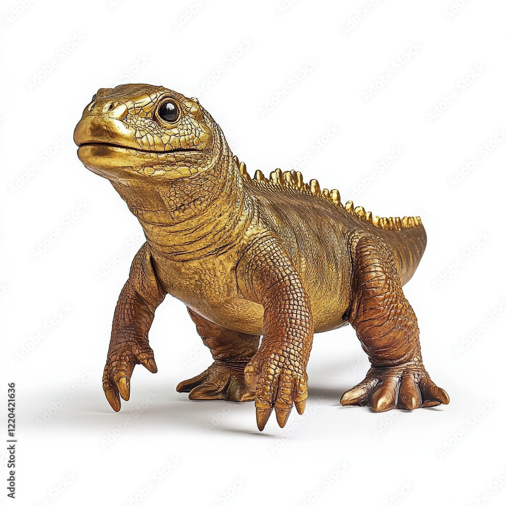 Obraz premium Golden reptile figurine, detailed textured scales, standing pose.