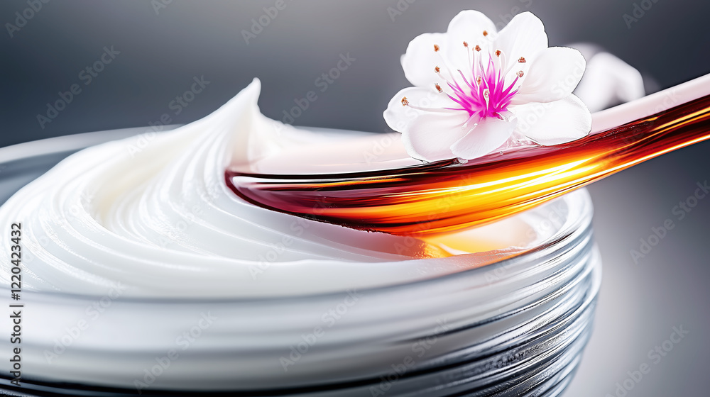 Fototapeta premium Whipped cream dessert with golden syrup and delicate flower garnish