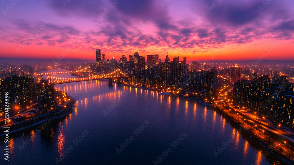 Fototapeta premium City sunrise, river reflections, winter cityscape, urban skyline, aerial view