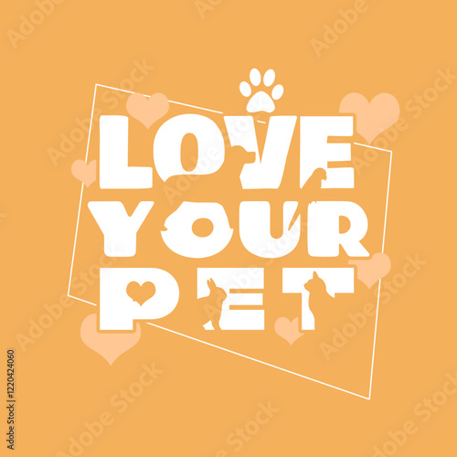 National Love Your Pet Day to celebrate on February 20th. Bold text with dog, cat and rabbit icons as pets on beige background. Animal event banner.