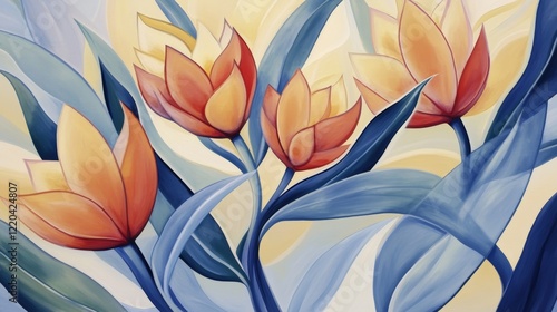 Wallpaper Mural Vibrant Abstract Painting of Orange Tulips with Blue Leaves Torontodigital.ca