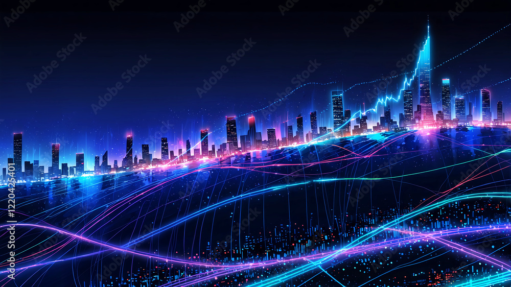 Fototapeta premium 抽象的なドットと波線で描かれたスマートシティの未来的な接続コンセプト.生成AI