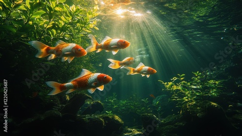 Koi fish swim in sunlit pond, aquatic plants photo