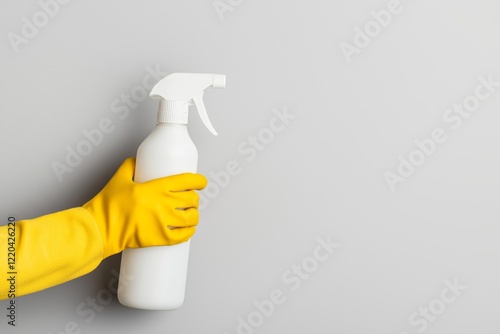 Wallpaper Mural Hand in Yellow Glove Holding Spray Bottle Against Gray Background   Cleaning Concept Torontodigital.ca