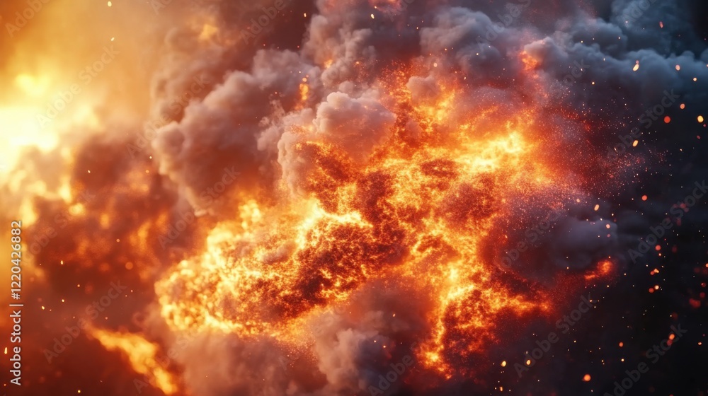 Fototapeta premium An intense fire explosion blasting directly to the camera, showing vibrant flames rolling outward in waves, with realistic heat distortion and smoke trails, rendered on a transparent alpha channel