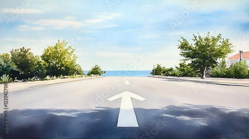 watercolor of low angle of white arrow on sphalt road showing goal photo