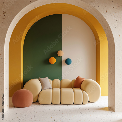 Colorful couch with pillows in a room with a green plant