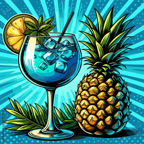 Cocktail Blue Lagoon, Pop Art style, colored vector