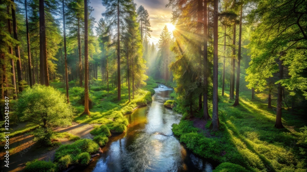 Obraz premium Serene forest landscape from above, with towering trees and dense foliage, sunlight filtering through the canopy, and a winding stream in the foreground, tree canopy, woodland