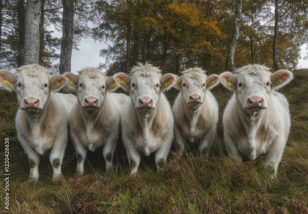 Group of Charming White Cows Standing Together in a Natural Setting Surrounded by Trees and Autumn Leaves, Captivating Farm Life on Display Group of Charming White Cows Standing Together in a Natural Setting Surrounded by Trees and Autumn Leaves, Captivating Farm Life on Display