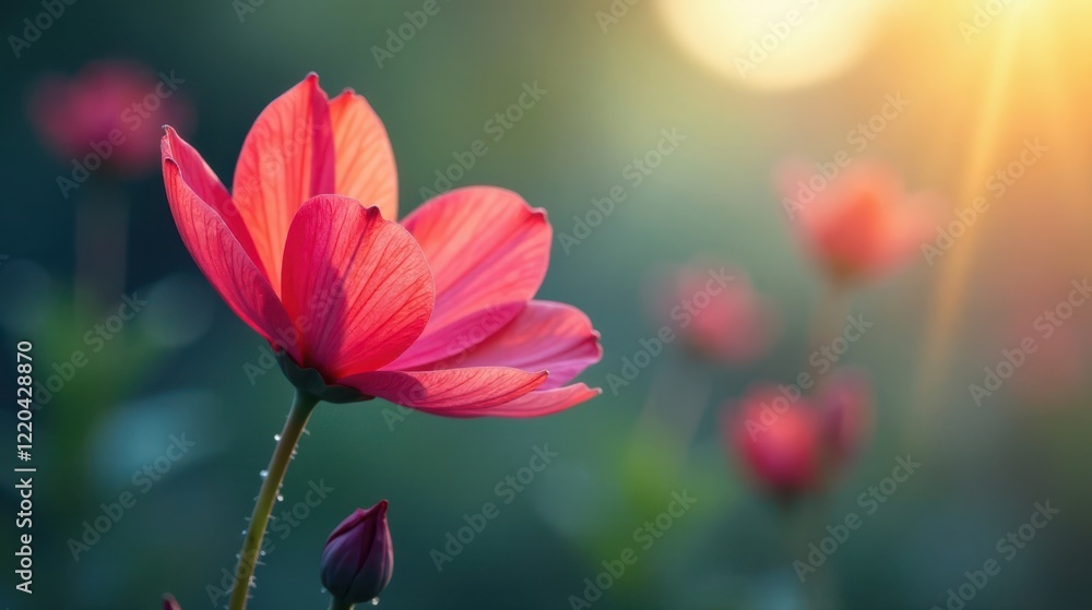 Obraz premium A Single Pink Blossom at Golden Hour, Illuminated by Warm Sunlight, Soft Focus Background, Delicate Petals, Vibrant Color, Natural Beauty, Tranquil Scene