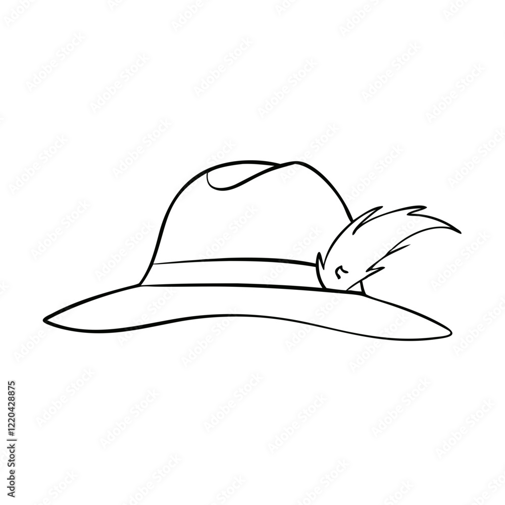 Minimalist black and white line drawing of a vintage hat with a feather Minimalist black and white line drawing of a vintage hat with a feather