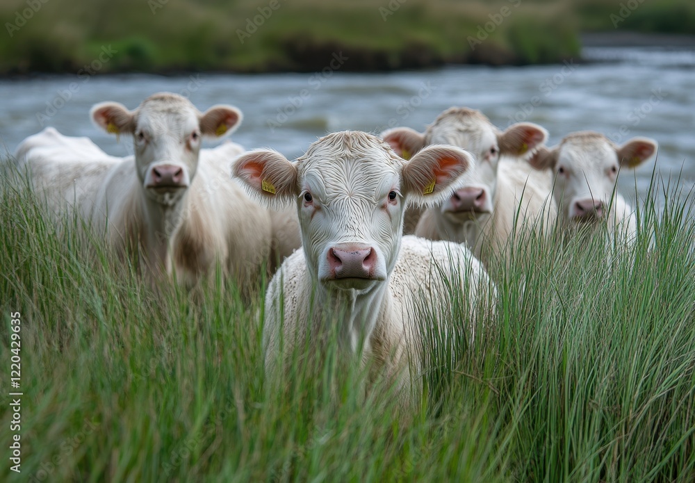Obraz premium Group of Curious White Cows Grazing Near a Riverbank Surrounded by Lush Green Grass Captured in Nature's Serene Landscape During Daylight