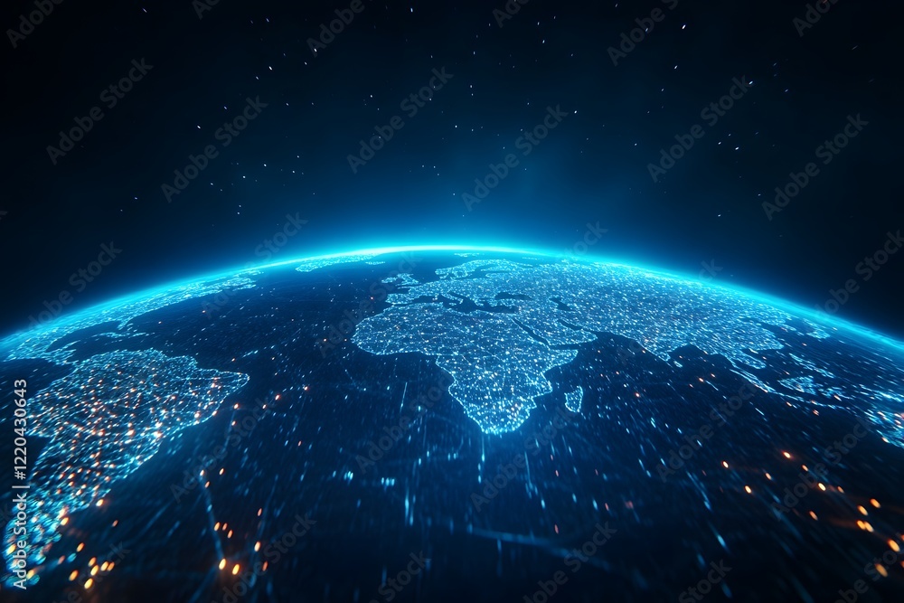 Obraz premium Glowing Interconnected Global Network Covering Planet Earth in Futuristic Blue Illumination