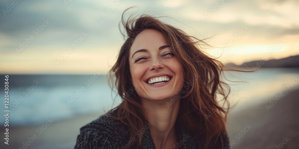 Woman in 40s on Beach Exuding Joy: A woman in her 40s exudes joy as she smiles on the beach, a reminder that age is just a number., Generative AI Woman in 40s on Beach Exuding Joy: A woman in her 40s exudes joy as she smiles on the beach, a reminder that age is just a number., Generative AI