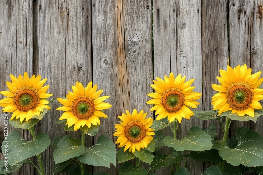 Obraz premium Sunflowers growing in front of rustic wooden fence