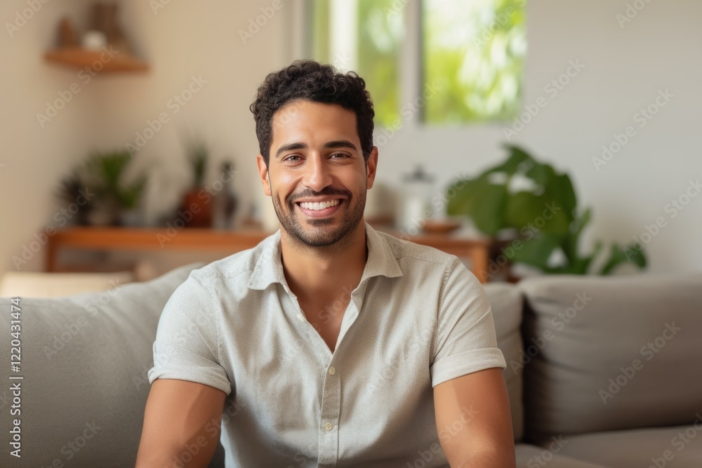 Happy hispanic man smiling while sitting on comfortable sofa in modern living room, enjoying his leisure time Happy hispanic man smiling while sitting on comfortable sofa in modern living room, enjoying his leisure time