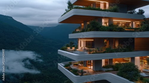 Wallpaper Mural Modern architectural design of a multi-level terrace house overlooking a lush mountain valley, surrounded by greenery and soft evening light reflecting from the windows. Torontodigital.ca