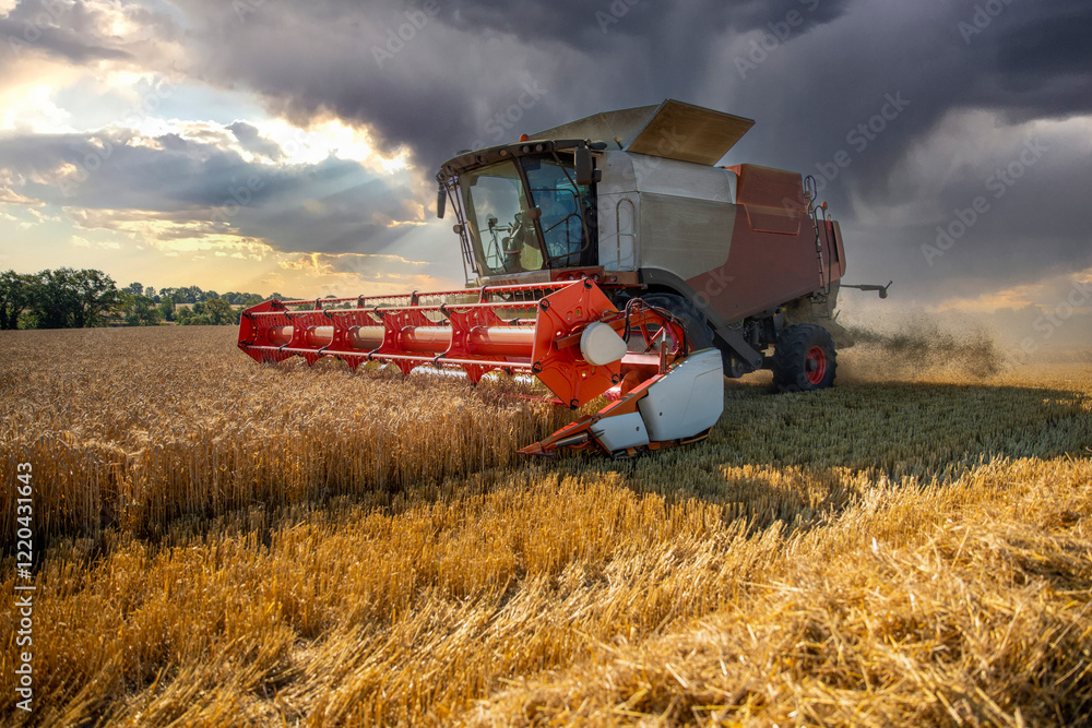 Obraz premium Moissonneuse au travail dans les champs de blé en été pendant es moissons.
