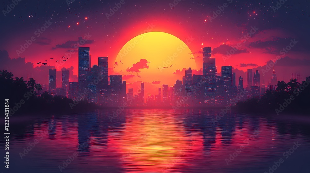 Fototapeta premium Cityscape Silhouette at Sunset Over Water