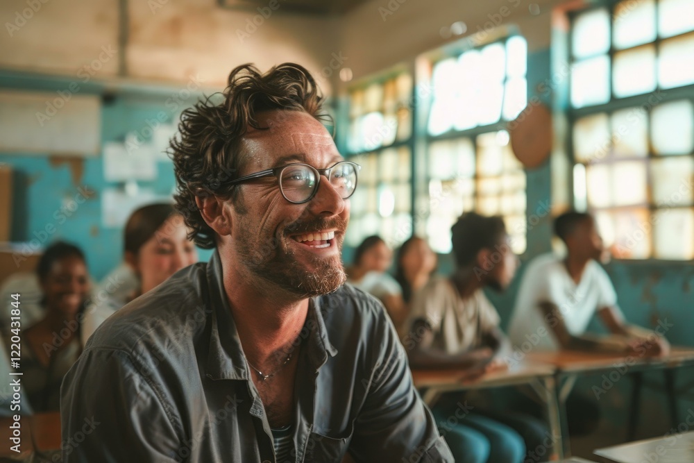 Caucasian male teacher smiling and teaching students in a classroom in africa Caucasian male teacher smiling and teaching students in a classroom in africa