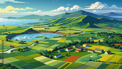 Aerial view of endless lush pastures and farmlands of Ireland's Dingle Peninsula