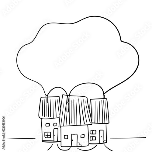 Three houses with speech bubble doodle, Old style neighborhood buildings with space for text hand drawn vector illustration