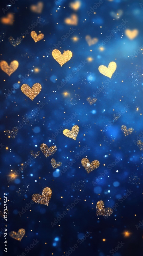 Fototapeta premium A stunning and magical background featuring sparkling dark blue hearts and radiant gold stars scattered across a deep blue gradient with soft highlights