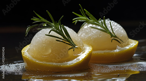 A premium Gin and Tonic with a carved lemon peel, botanical tonic water, and rosemary ice spheres. photo