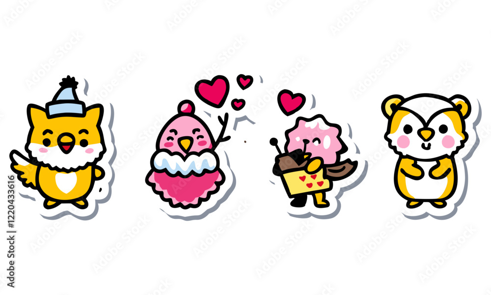 Adorable Cartoon Animal Illustrations with Love and Festive Themes Adorable Cartoon Animal Illustrations with Love and Festive Themes