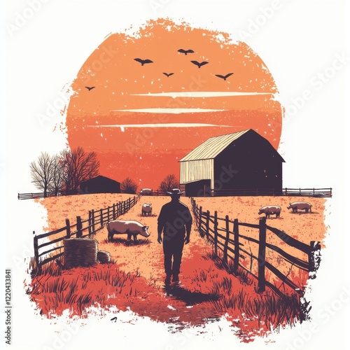 Serene Sunset Over Farm Pasture with Sheep and Silhouette of Farmer Walking in Rural Landscape photo