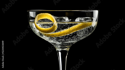 A premium Gin and Tonic with a lemon peel spiral, extra bubbly tonic, and large ice cubes in a coupe glass. photo