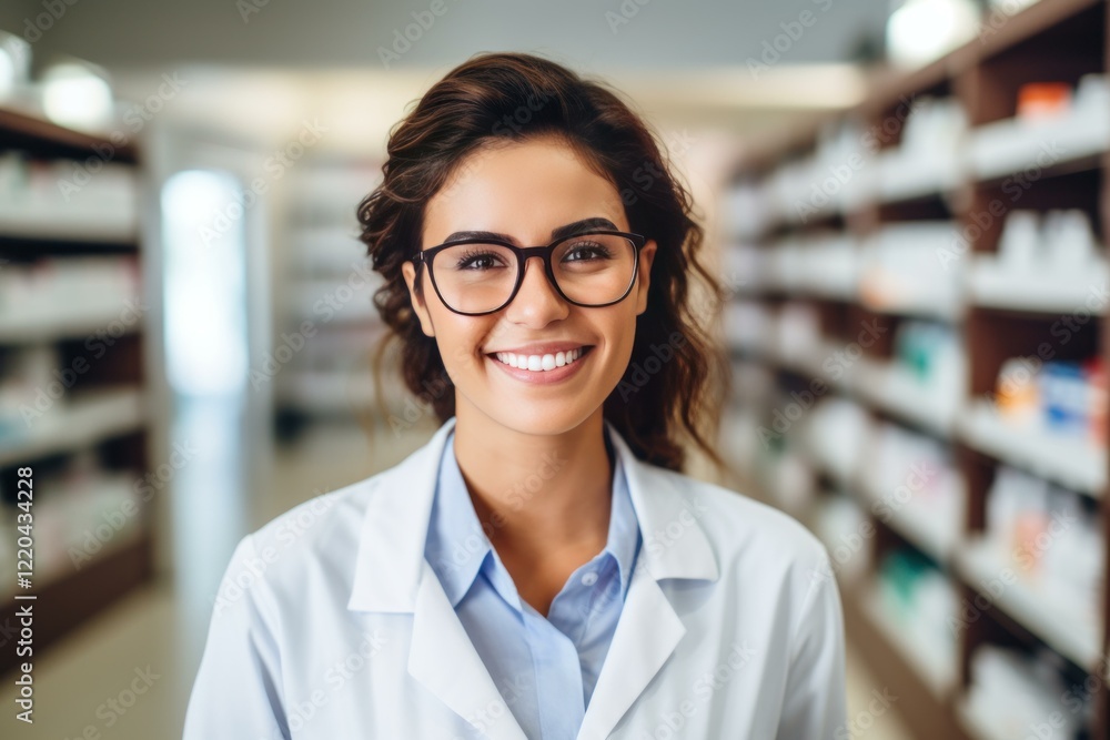 Portrait of beautiful pharmacist smiling and working in chemist shop or pharmacy drugstore Portrait of beautiful pharmacist smiling and working in chemist shop or pharmacy drugstore