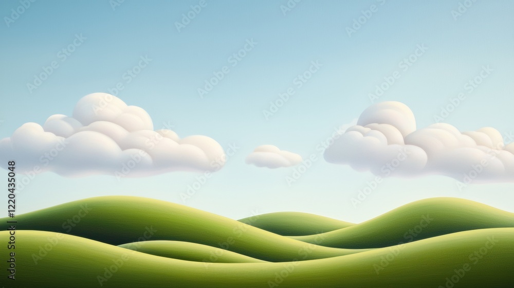 Obraz premium quiet landscape A panoramic view of rolling hills and green fields, with a clear blue sky and fluffy white clouds.