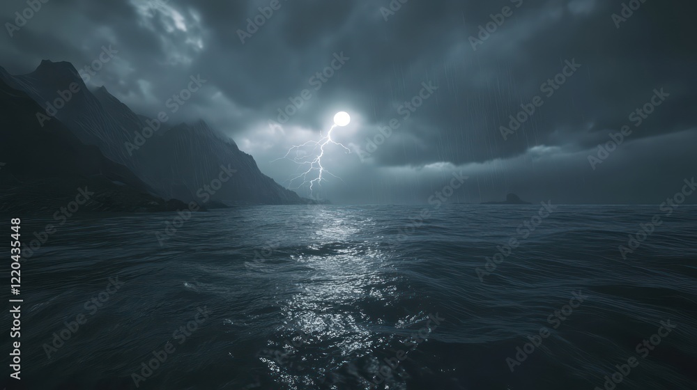 Naklejka premium A stormy sea with thunder and lightning, a dark sky