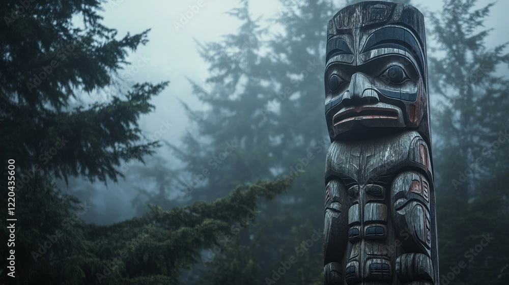 Totem pole in misty forest. Totem pole in misty forest.