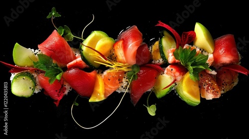 Colorful Sashimi Rolls with Garnishes and Sauces photo